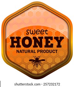Sweet Honey Hexagonal Glossy Sticker, Vector Illustration isolated on White Background.
