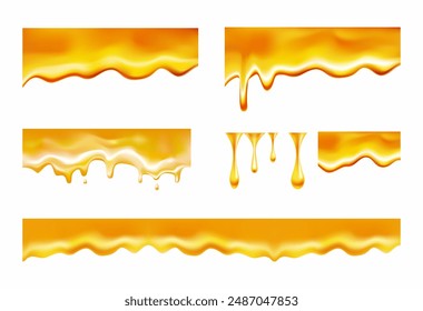 Sweet honey isolated on white background. Dropping honey syrup for desserts or cafeteria and patisserie cakes and cookies. Vector illustration