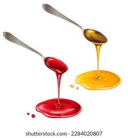 Sweet honey and jam dripping from a spoon, isolated on a white background. Vector illustration