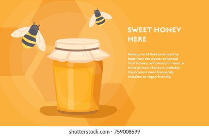Sweet honey in jar food concept vector flat poster design. Illustration with bee, honeycomb and place for text