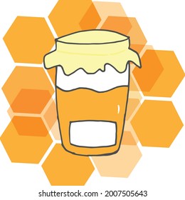 sweet honey in the jar with honeycomb illustration. homemade honey. sweet and healthy. hand drawn vector. gold color. fresh honey. doodle art for wallpaper, poster, banner, advertising, logo, label. 