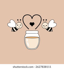 Sweet honey jar illustration with bees and heart design element vector