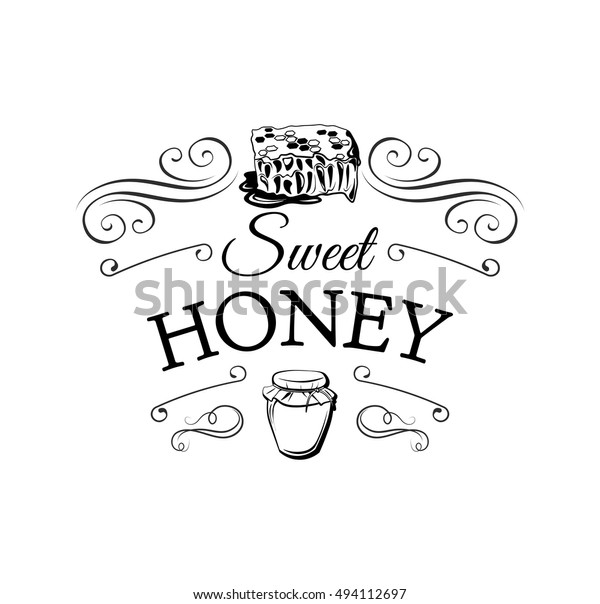 Sweet honey label, badge, logo with\
honeycomb and jar. Filigree divider vintage\
frame