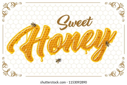 sweet honey lettering with honeycomb patten. Vector shiny illustration
