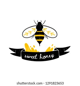 Sweet honey logo. Bee, honey and ribbon. Hand drawn vector illustration