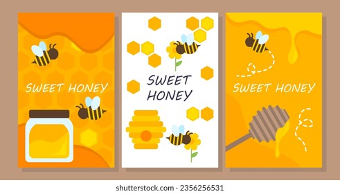 Sweet honey posters set. Bees near glass jar with organic dessert and delicacy. Apiary with yellow and black insect. Flyer and booklet. Cartoon flat vector collection isolated on yellow background