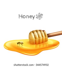 Sweet honey puddle with stick and bee realistic vector illustration