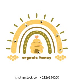 Dulce elemento arcoiris de miel. Arcoiris de miel de abeja. Ilustración gráfica de abejas dulces. Hermosa frase. Formas de peine de arca dulce dibujadas a mano. Diseño de impresión vectorial. Logo orgánico de miel. La apicultura.