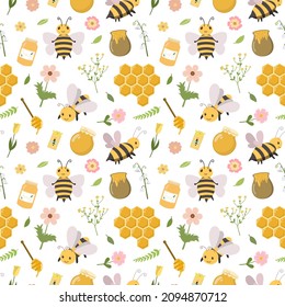 Süße Honig nahtlose Muster. Rute Bienen, schmackhafter Honig, Bienenstock, bunte Blumen, Wabenrüben. Vektorhintergrund. Einzeln auf weißem Hintergrund. Design für Gewebe, Textilien, Druck.