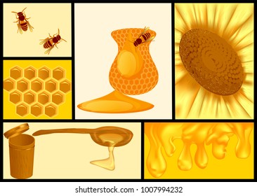 sweet honey set, honeycom, bee and flower