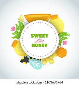 Sweet Honey Text. Background with flat honey elements. Poster with bee, beehive, jar, honeycomb. Vector