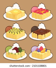 Sweet Honey Toast with Ice-cream Draw Illustrator: Original Shibuya, Strawberry, Choco Banana, Chocolate, Matcha Parfait, Mix berry. Japanese dessert cartoon icon vector flat design.