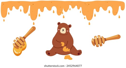 Sweet honey vector illustration. A cartoon bear with paws stained with honey, wooden spoon for honey, honey streams. Flat vector illustration