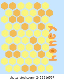 Sweet honey vector illustration on a blue background, World bee day. Yellow honeycombs and orange lettering HONEY