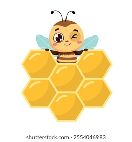 Sweet honeycomb sign with hexagon grid cells and cute winking bee cartoon honey craft and beekeeping vector