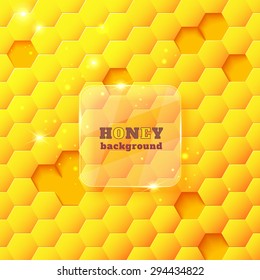 Sweet honeycomb yellow and shiny background with glittering lights and a glass banner. Abstract geometric vector illustration for your design