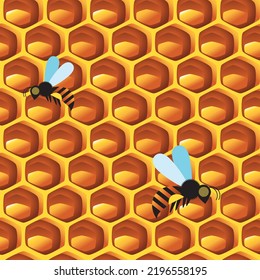 Sweet honeycombs with honey and bees, seamless pattern, vector illustration. Abstract background design