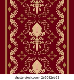 Doce Honra Delicado Belo Padrão de grinalda de flores artísticas da borda com tecelagens de seda douradas no fundo vermelho profundo. Elegância Barroco Rococó Ornamento encantador estilo Maroon para vestido de casamento Batik Rug