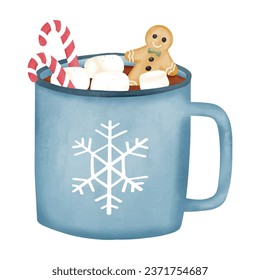 Sweet hot chocolate in watercolor style. Vector illustration.