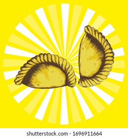 Sweet and hot empanadas, Peruvian food illustration. Top view position. Decoration of backgrounds, cards, letters, printed sheets, printing on fabric, web publications.