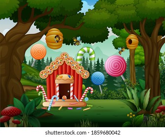 Sweet house of candy in the forest landscape