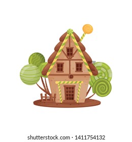 Sweet house with a chocolate roof. Vector illustration on white background.