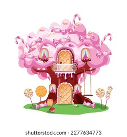 Casa dulce en un árbol de chocolate con hojas de algodón dulce, caramelos y caramelos en un país de golosinas. Fondo de cuento de hadas con dulces de vacaciones. Ilustración vectorial al estilo de las caricaturas.