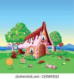 Sweet house with chocolate, waffles and cookies, decorated with sweets in candy land. Fairy tale background with gingerbread house in cartoon style vector illustration.