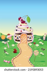 Sweet house with chocolate, waffles and cookies, decorated with sweets in candy land. Fairy tale background with gingerbread house in cartoon style vector illustration.