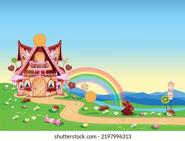 Sweet house with chocolate, waffles and cookies, decorated with sweets in candy land. Fairy tale background with gingerbread house in cartoon style vector illustration.
