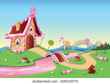 Sweet house with chocolate, waffles and cookies, decorated with sweets in candy land. Fairy tale background with gingerbread house in cartoon style vector illustration.