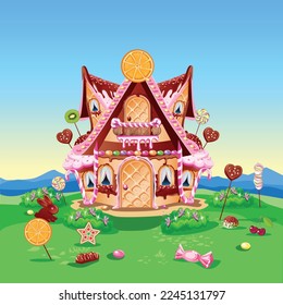 Sweet house with chocolate, waffles and cookies, decorated with sweets in candy land. Fairy tale background with gingerbread house in cartoon style vector illustration.