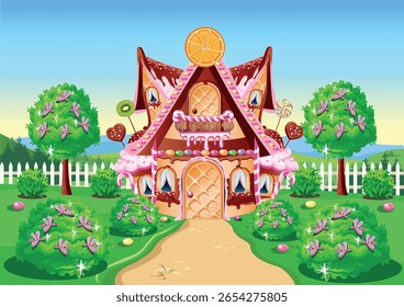 Doce casa com chocolate, waffles e biscoitos, decorados com doces em terra doce. Fundo de conto de fadas com casa de gengibre em ilustração de vetor estilo cartoon.