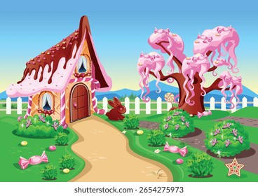 Doce casa com chocolate, waffles e biscoitos, decorados com doces em terra doce. Fundo de conto de fadas com casa de gengibre em ilustração de vetor estilo cartoon.