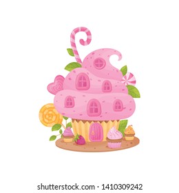 Sweet house in the form of a basket with cream. Vector illustration on white background.