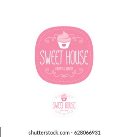 Sweet House Logo. Baking And Bakery Emblem. Pink Badge With Cake And Letters.