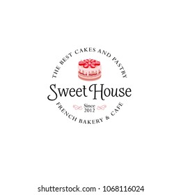 Sweet house logo. Cakes emblem. Bakery and cafe logo. A beautiful cake with strawberry sign.