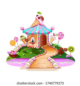 Sweet house on candy land. Fairytale house surrounded by sweets, candies and fruits. Pink river and a sweet bridge. Vector illustration on a white background.