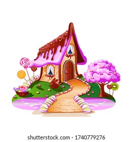 Sweet house on candy land. Fairytale house surrounded by sweets, candies and fruits. Pink river and a sweet bridge. Vector illustration on a white background.