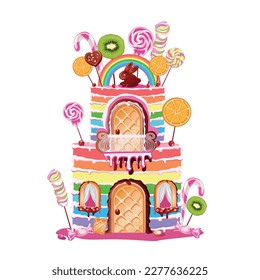 Una casa dulce en una torta arco iris con una puerta y un balcón y una decoración de caramelos, caramelos, chocolate, melaza y gofres. Fondo de cuento de hadas con dulces de vacaciones. Ilustración vectorial en carro