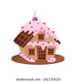 Sweet house with a roof and a door of waffles. Vector illustration on white background.