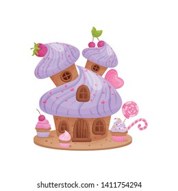 Sweet house with a roof of marshmallow. Vector illustration on white background.