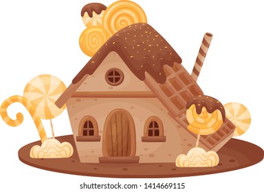 Sweet house with a roof of waffles. Vector illustration on white background.