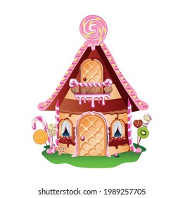 Sweet house with waffle door, caramel balcony, chocolate and decorated with sweets. Fairy tale vector illustration of a house from a candy land.