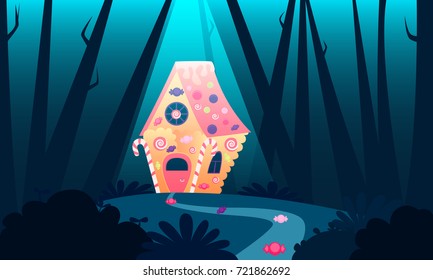 Sweet house of a witch in the forest. A Trap for Children. Vector illustration