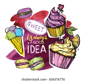 Sweet ia always a good idea. Watercolor background.  Dessert vector illustration.  Ice cream vector
