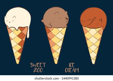 Sweet ice cream Animals. Cat, Bear, Fox in ice cream. 
