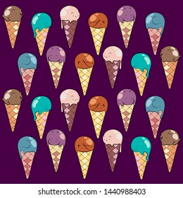 Sweet ice cream Animals. Sweets pattern. Whale, bear, cat, elephant, hippo, fox ice cream.