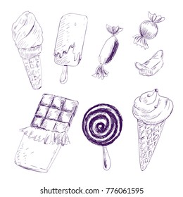 Sweet ice cream and candy collection. Chocolate and caramel, sweet dessert. Sketchy doodle hand draw style. All the items are isolated on white background. Vector illustration for your design.