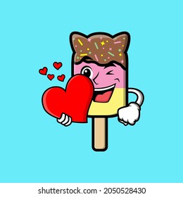 A sweet ice cream cartoon holding big heart vector image on blue background cartoon icon illustration design isolated flat cartoon style